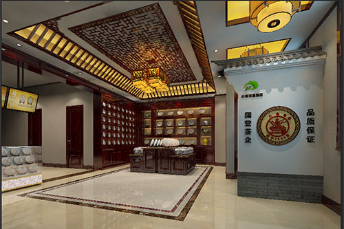 青州古朴典雅的中式茶叶店大堂设计效果图